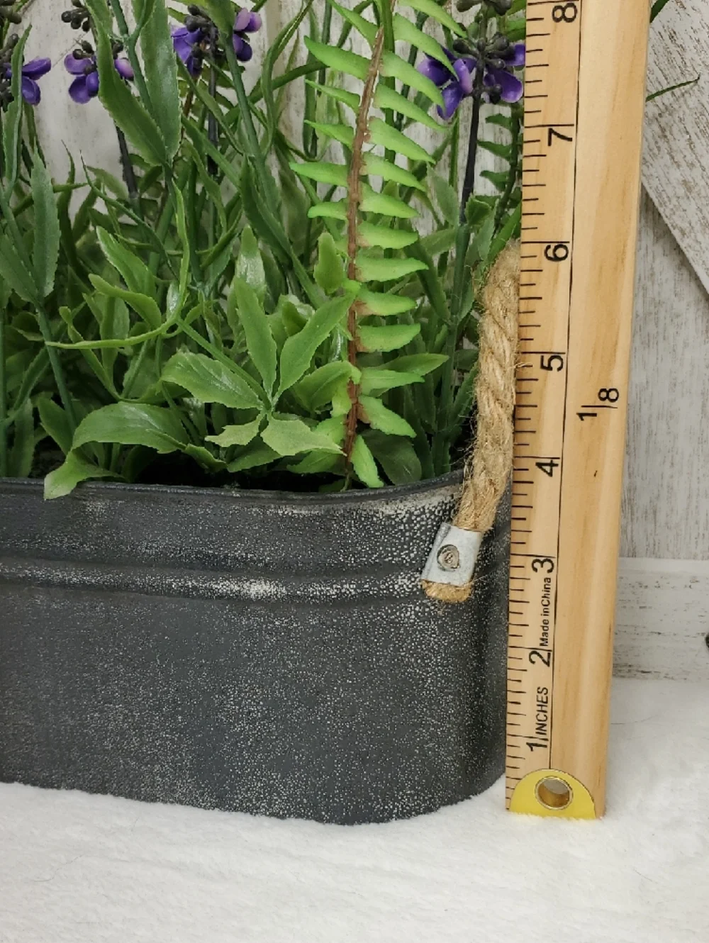 Faux Floral Lavender Fern Arrangement in Metal Planter with Rope Handles